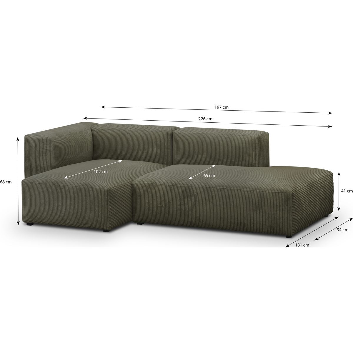 Canapé d'angle à gauche modulable 3/4 places en velours côtelé - MODULO vert kaki, HOMIFAB