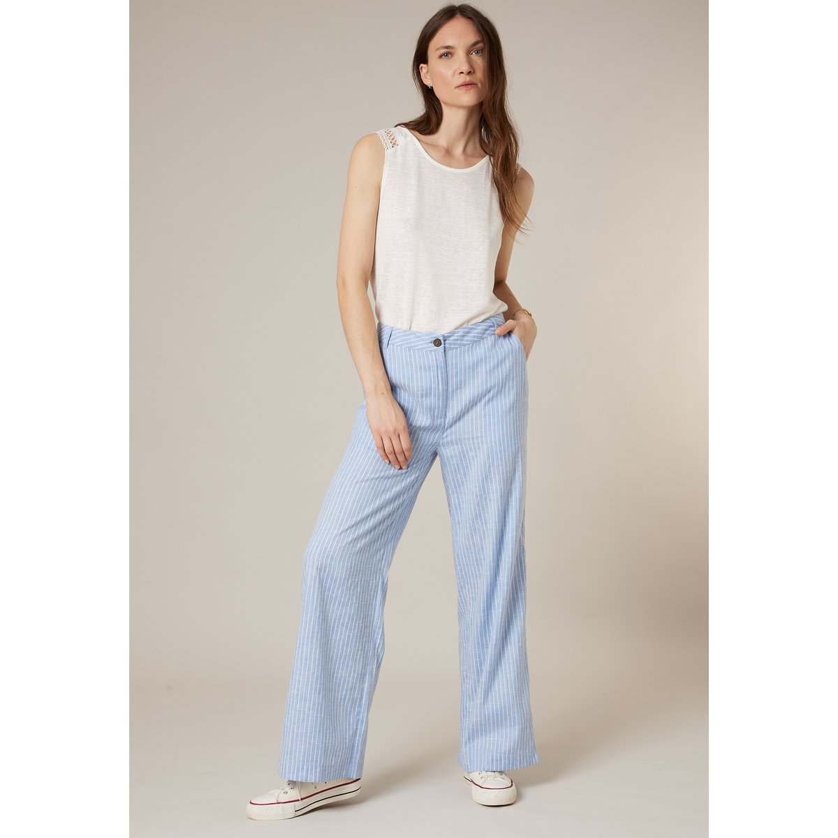 Pantalon large femme en coton AZALIA bleu, DEELUXE