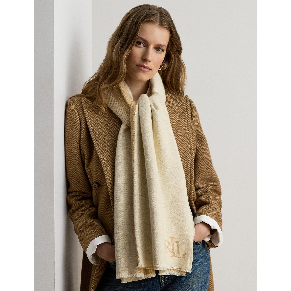 Tweekleurige sjaal met paardensportmotief camel/beige, LAUREN RALPH LAUREN