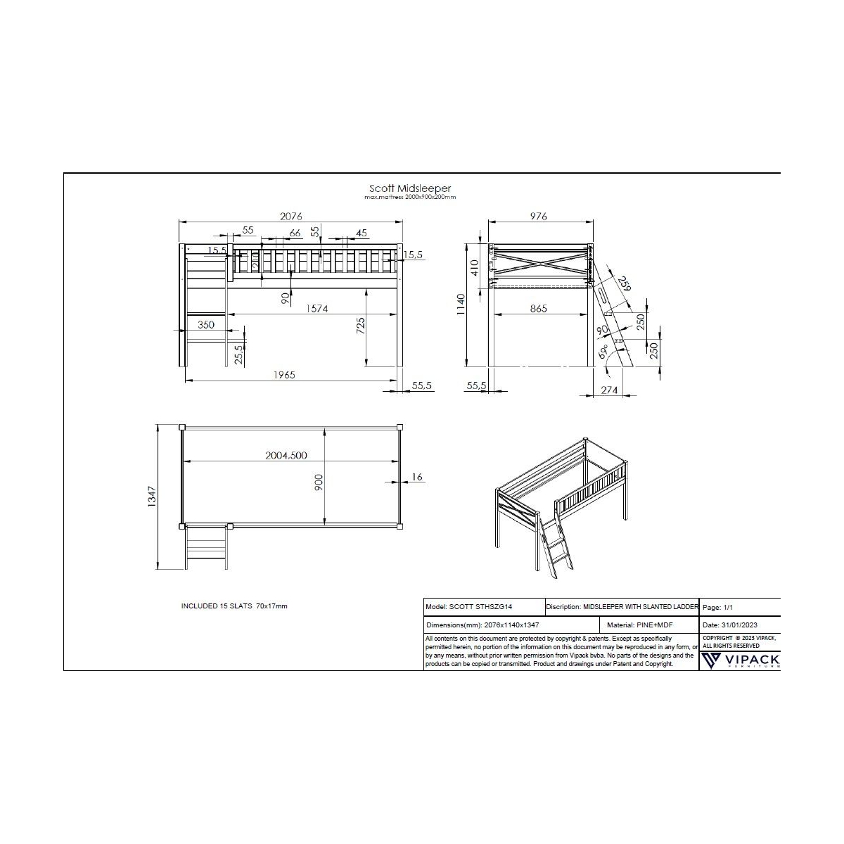 Scott Lit Mezzanine et Rideau Princess Inclus couleur unique, VIPACK