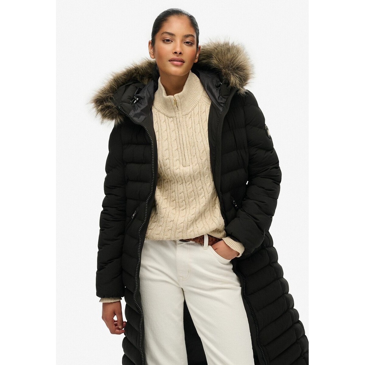Veste longue à capuche en imitation fourrure Fuji noir, SUPERDRY