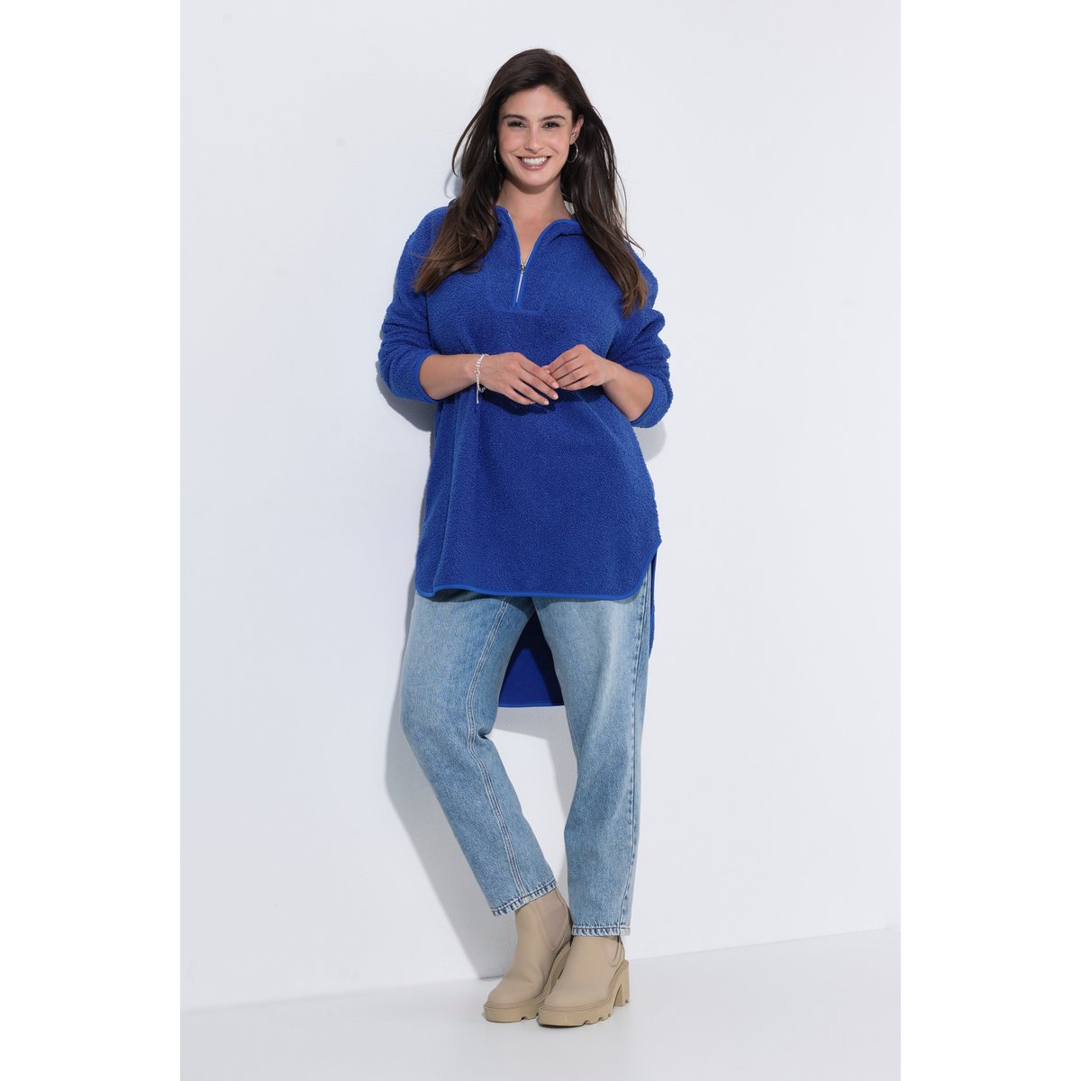 Sweat-shirt long en polaire bouclée, capuche bleu cobalt, ULLA POPKEN