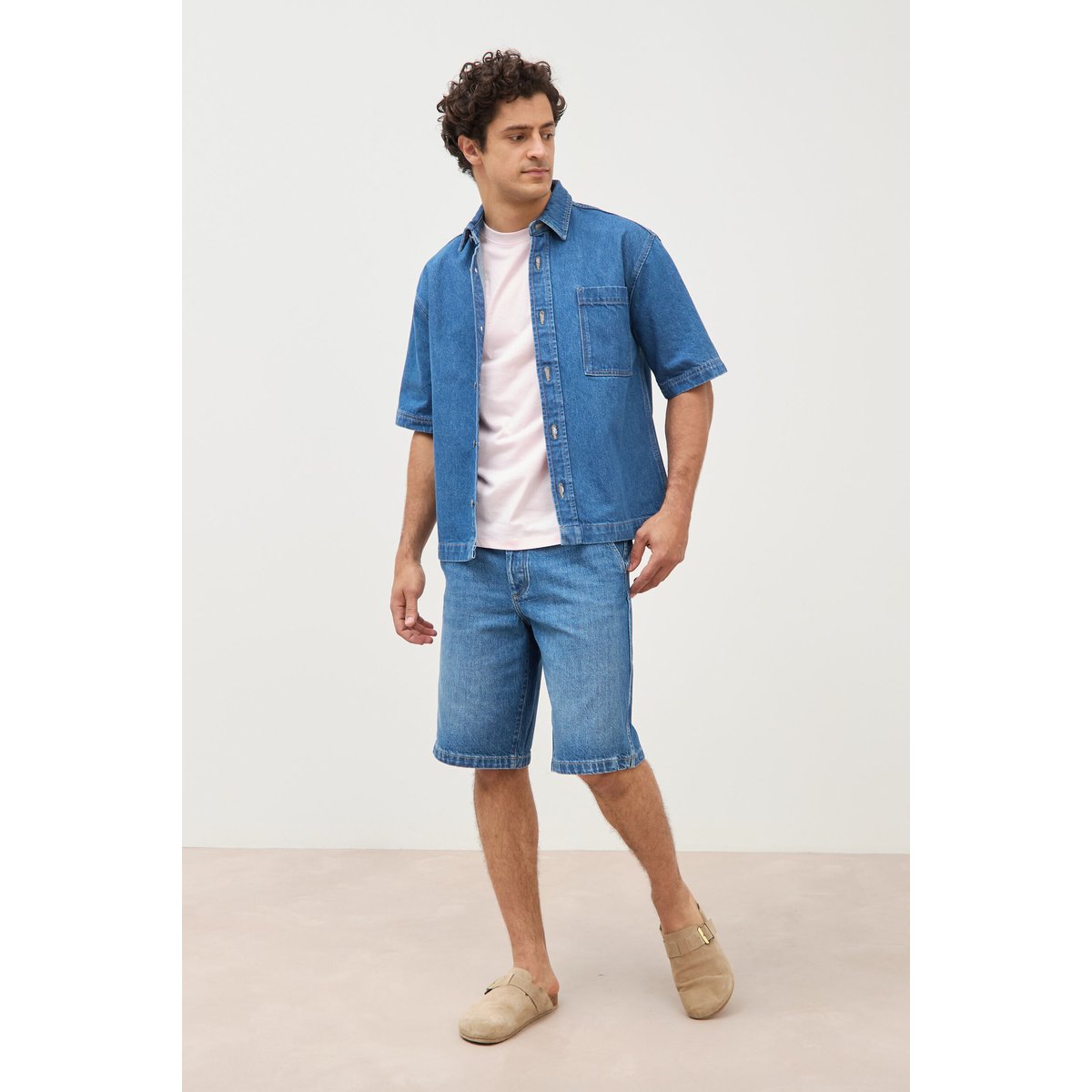 Chemise col américain manches courtes denim stone, BONOBO