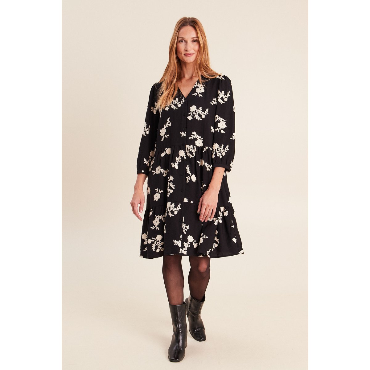 Robe courte évasée col v manches 3/4 noir, BREAL
