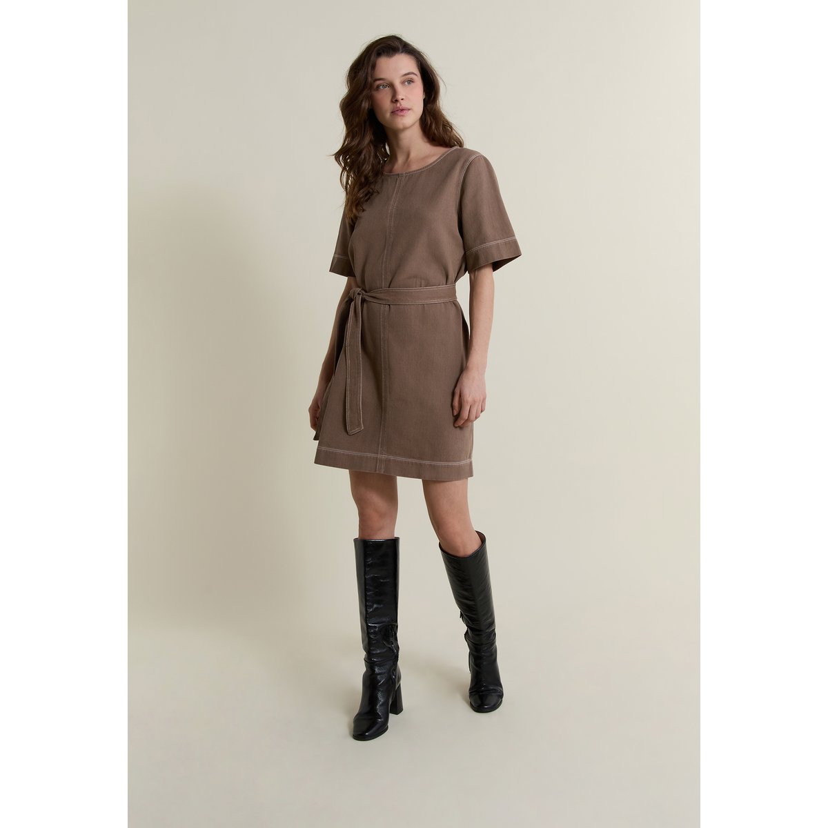 Robe ceinturée en coton RIZLAINE GD taupe, ETAM