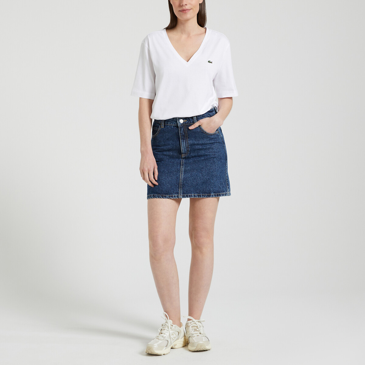T-shirt décontracté à col V blanc, LACOSTE