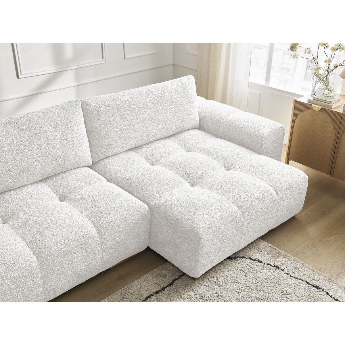 Canapé panoramique convertible 6 places en tissu bouclette, ANAKIN blanc, BOBOCHIC