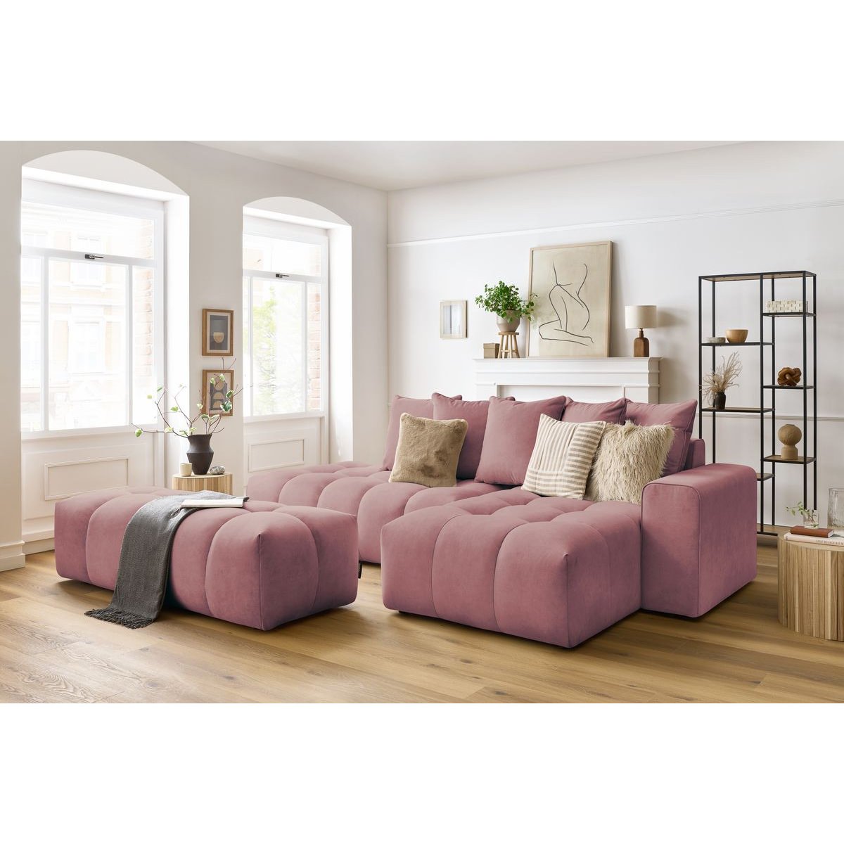Canapé d'angle fixe 4 places en velours avec pouf, MONT-BLANC rose, BOBOCHIC