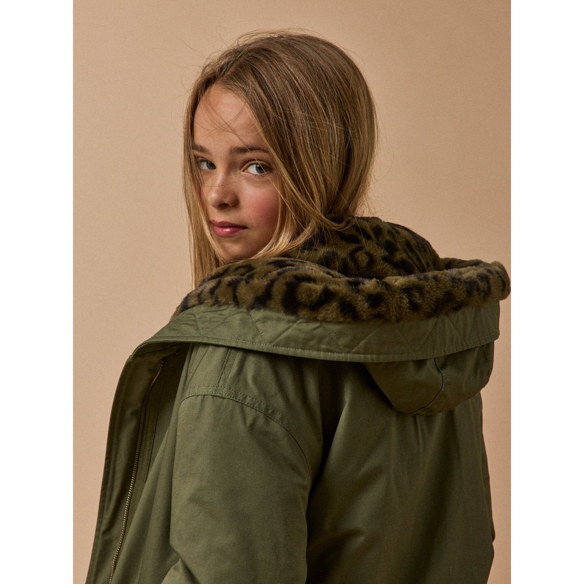 Parka courte doublée léopard - Junior vert olive, CYRILLUS