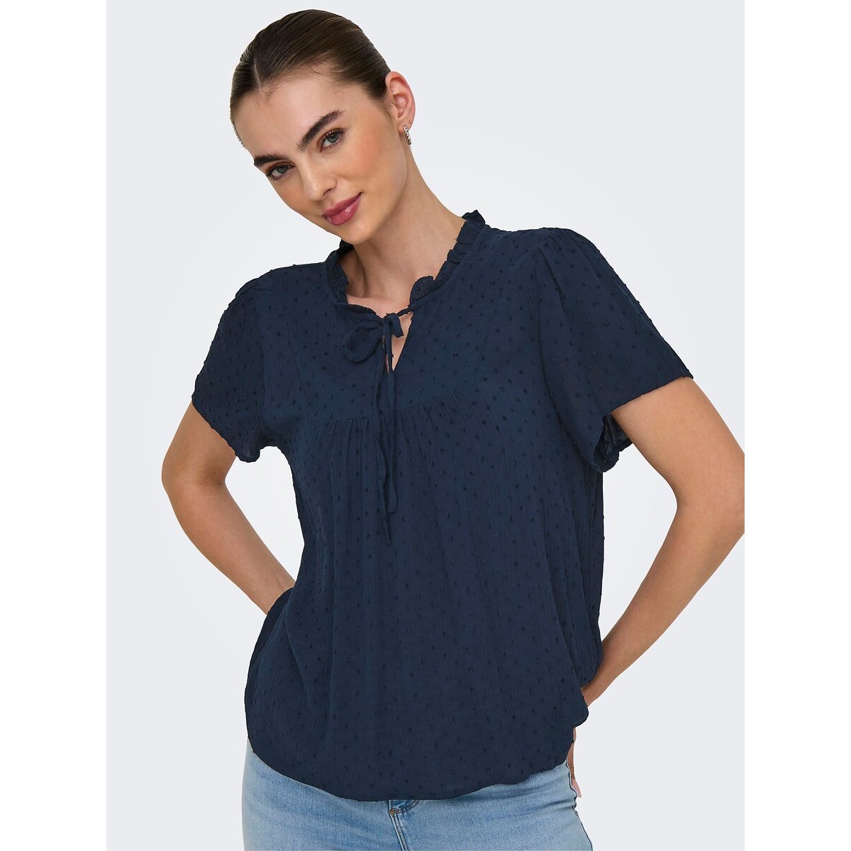 Ruffled Tie-Neck Blouse navy blue, JDY