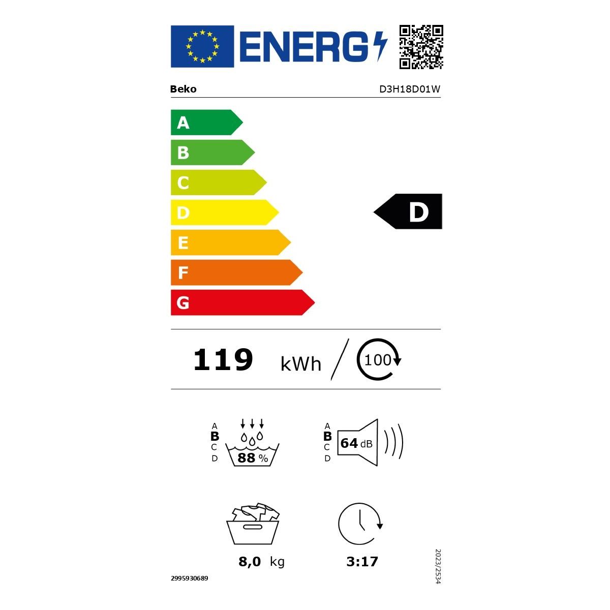 Sèche linge pompe à chaleur D3H18D01W blanc, BEKO