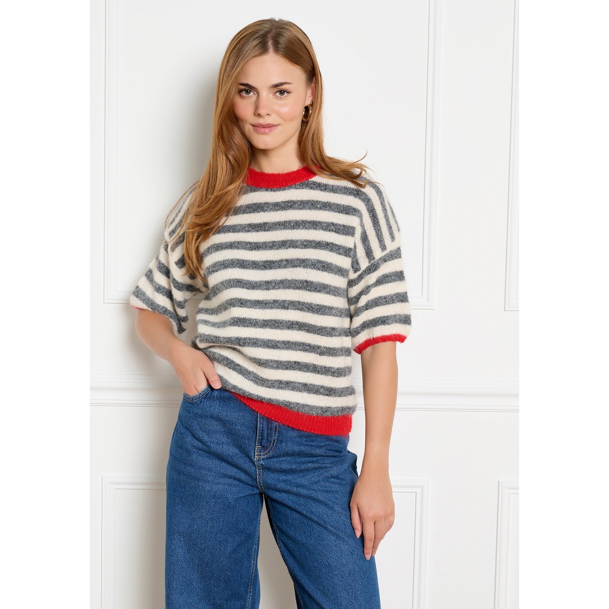 Pull rayé à manches courtes gris, LOLALIZA