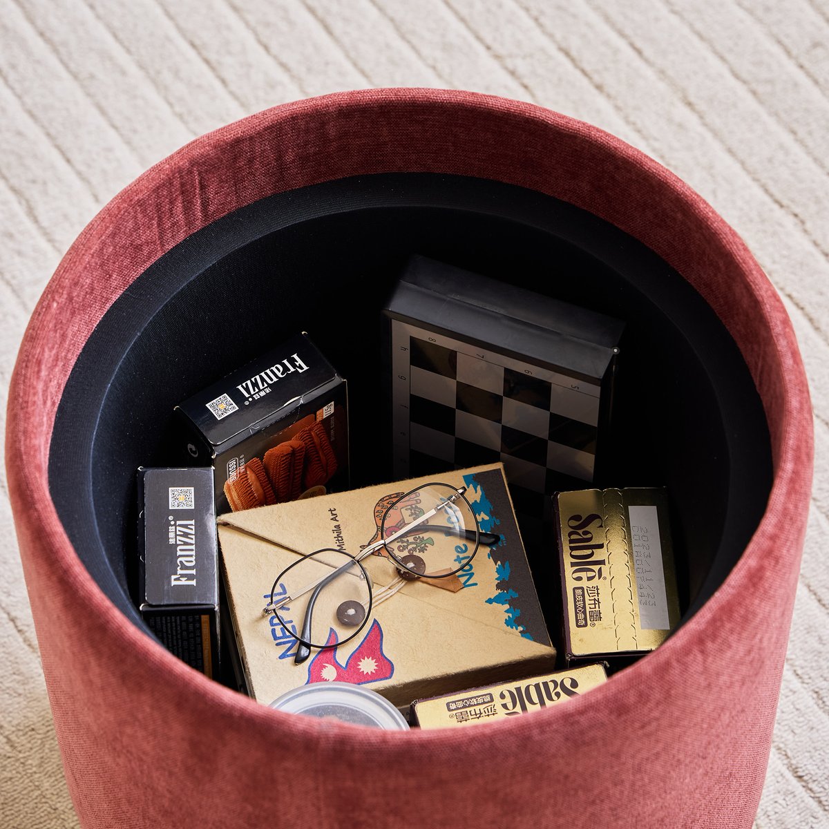 Pouf avec rangement, tissu et bois, KEMI terracotta, NORDLYS