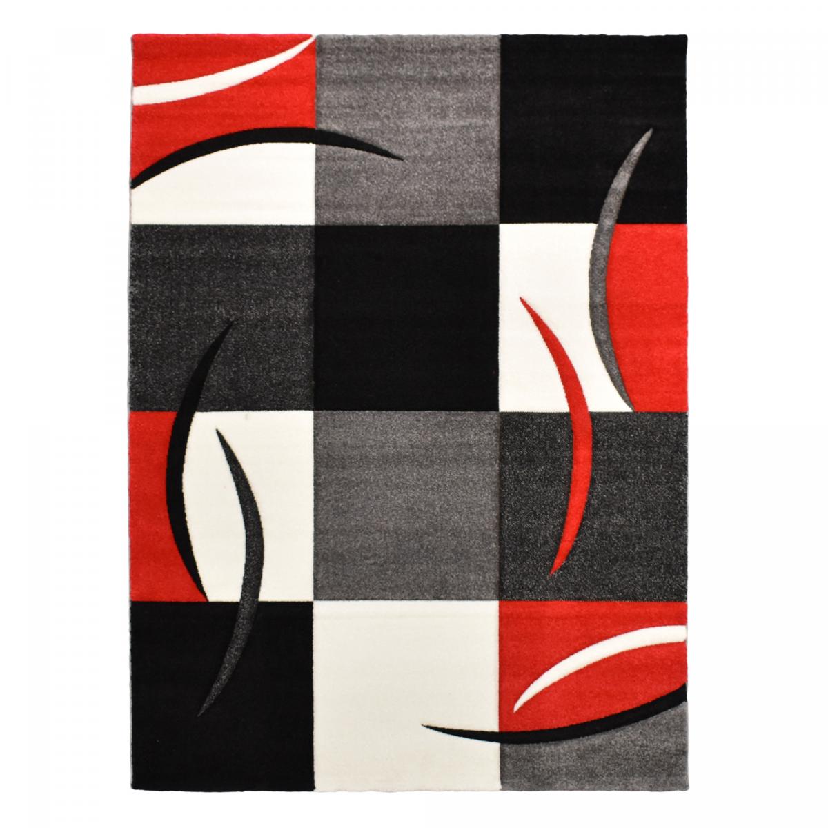 Tapis salon et chambre tissé motif damier LYN8 COMMA rouge, gris, noir, UN AMOUR DE TAPIS