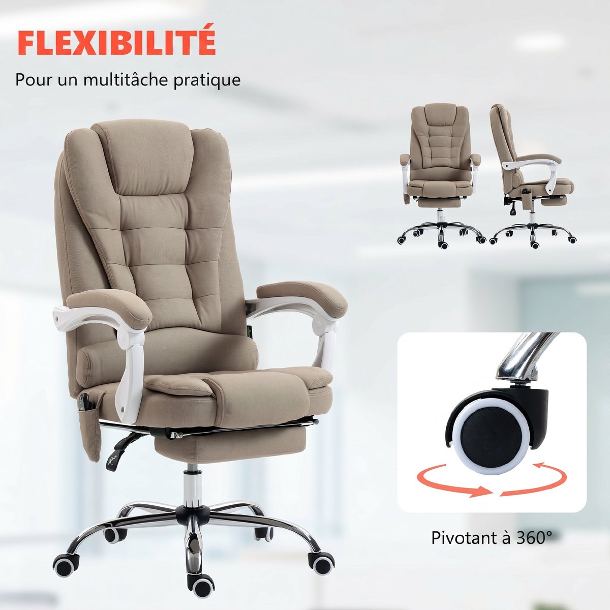 Fauteuil de bureau avec fonction massage Lin beige, HOMCOM