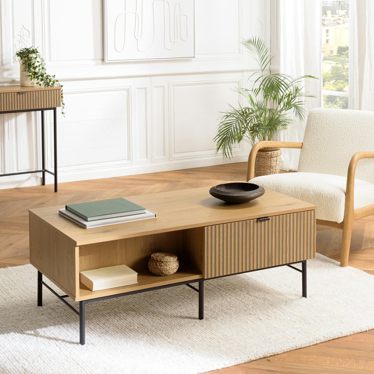 Table basse 2 tiroirs décor effet bois rainuré noir/naturel OLETTA bois naturel, PIER IMPORT