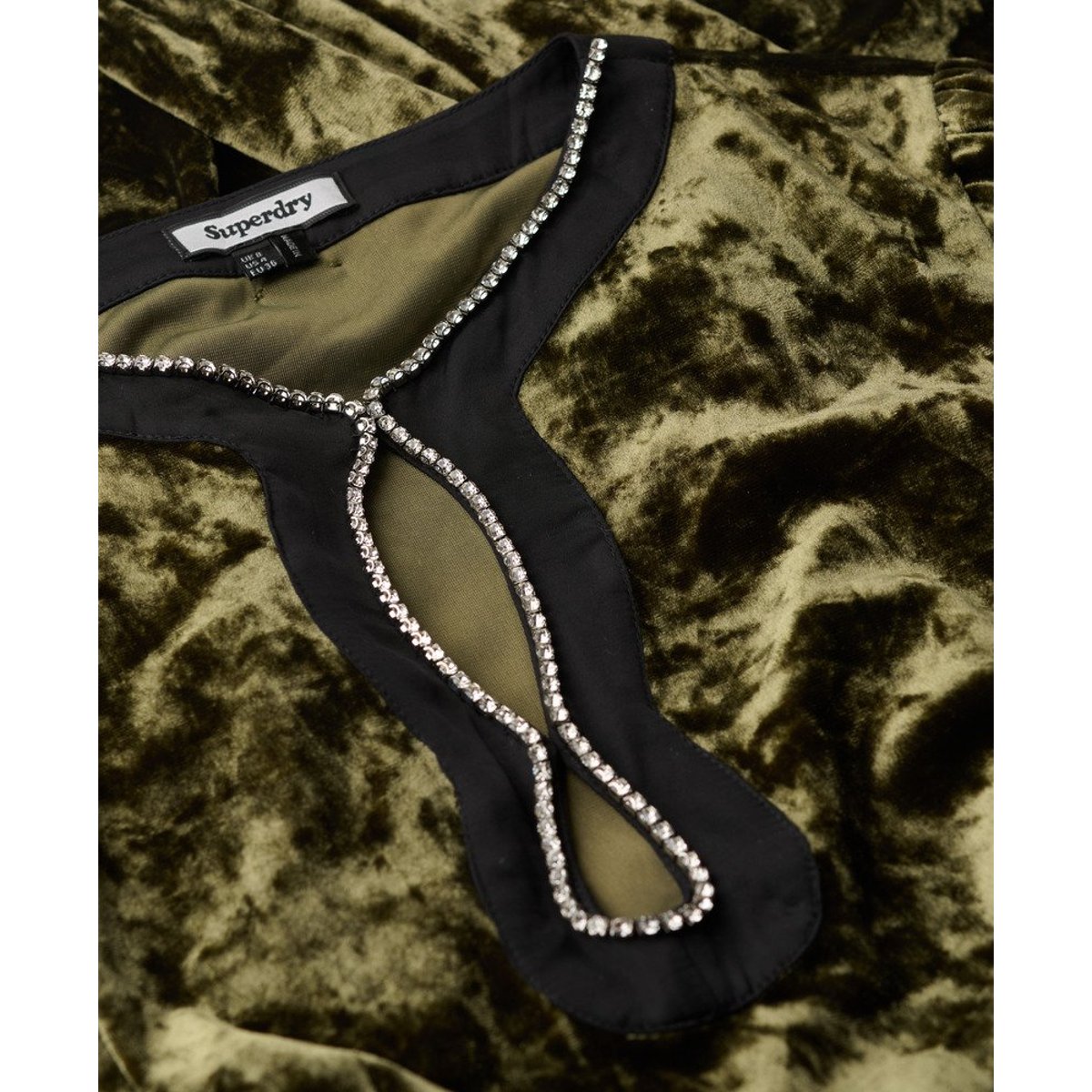 Robe courte en velours ornée de strass kaki clair, SUPERDRY
