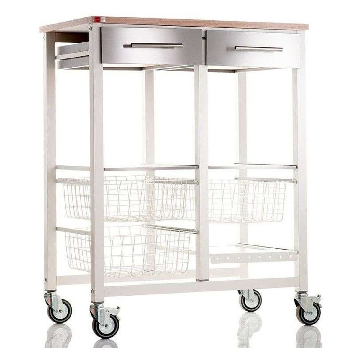 Chariot de cuisine ONDA DOBLE, Chariot métallique double avec 3 paniers, 2 tiroirs, porte-bouteilles blanc, DON HIERRO