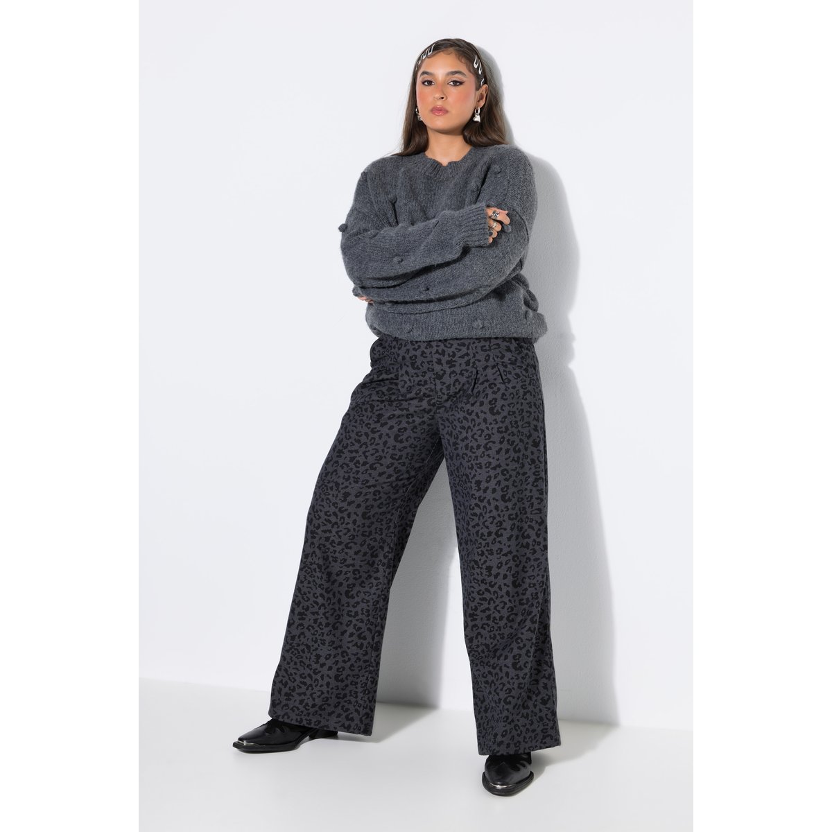 Pantalon léopard, coupe large, taille haute anthracite, STUDIO UNTOLD