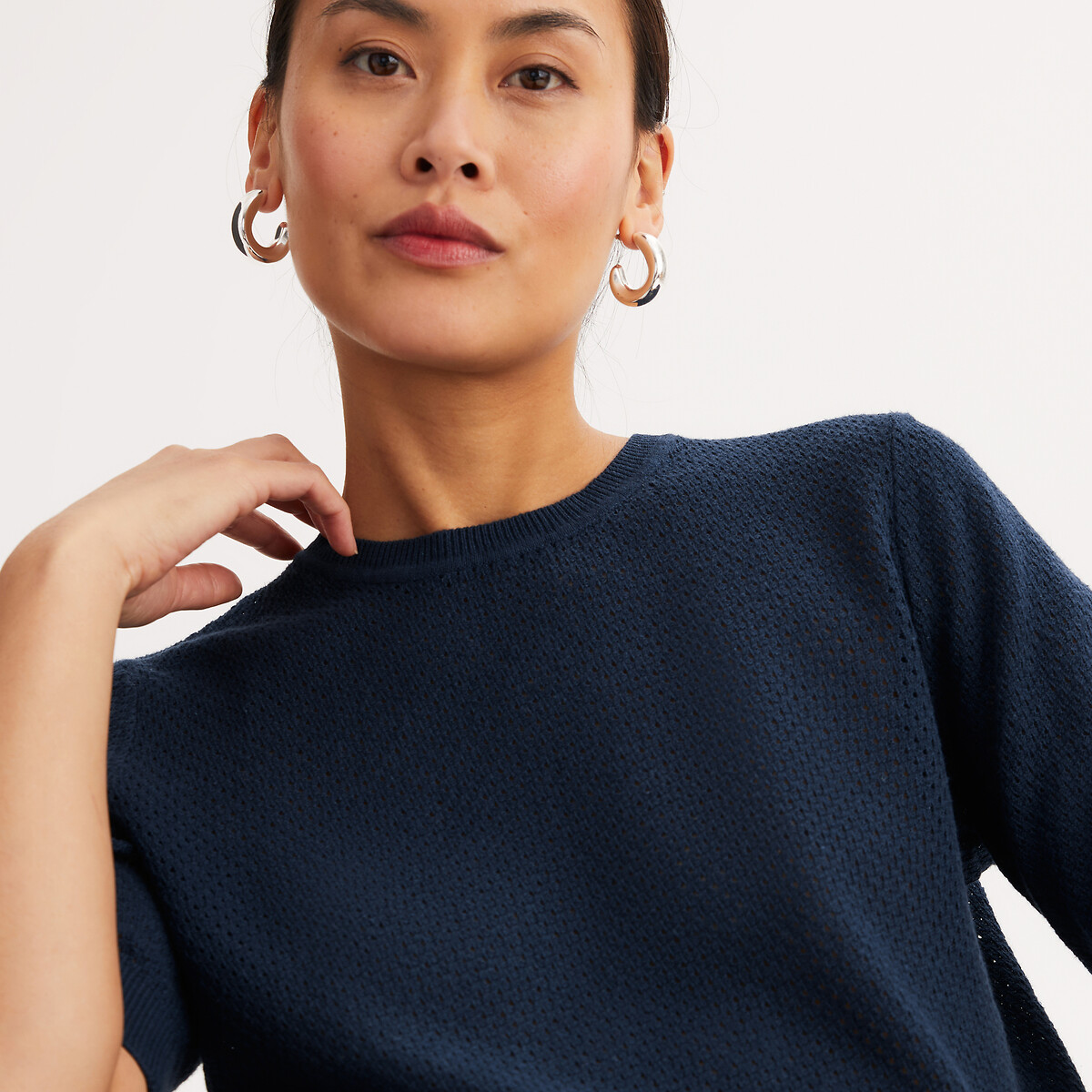 Pullover mit Rundhalsausschnitt, aus feinem Pointelle-Strick, aus Leinen und Baumwolle marine, ANNE WEYBURN