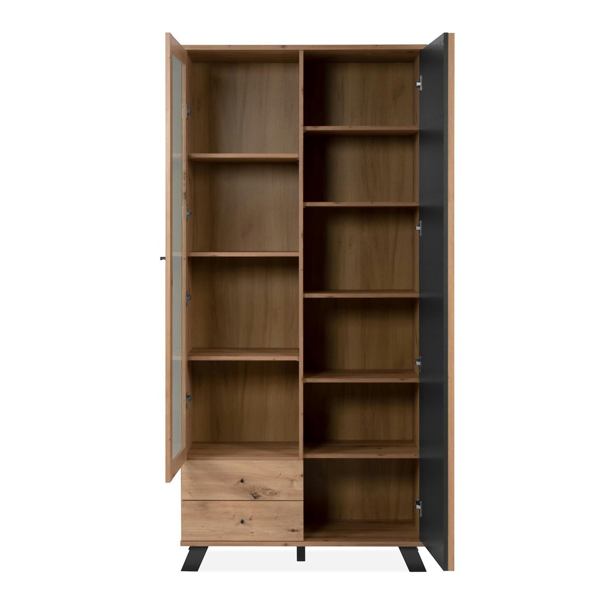 Bibliothèque vitrine 1 porte noire rainurée ALVA bois naturel, PIER IMPORT