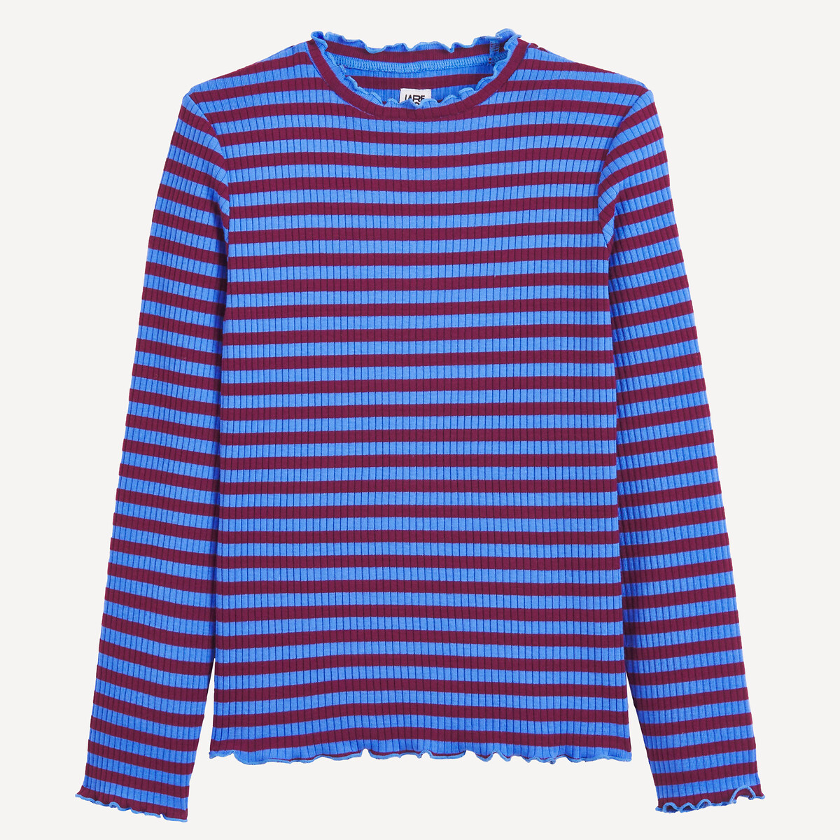 Gestreept T-shirt in ribtricot met ruches aan de kraag en lange mouwen bordeaux/blauw, LA REDOUTE COLLECTIONS