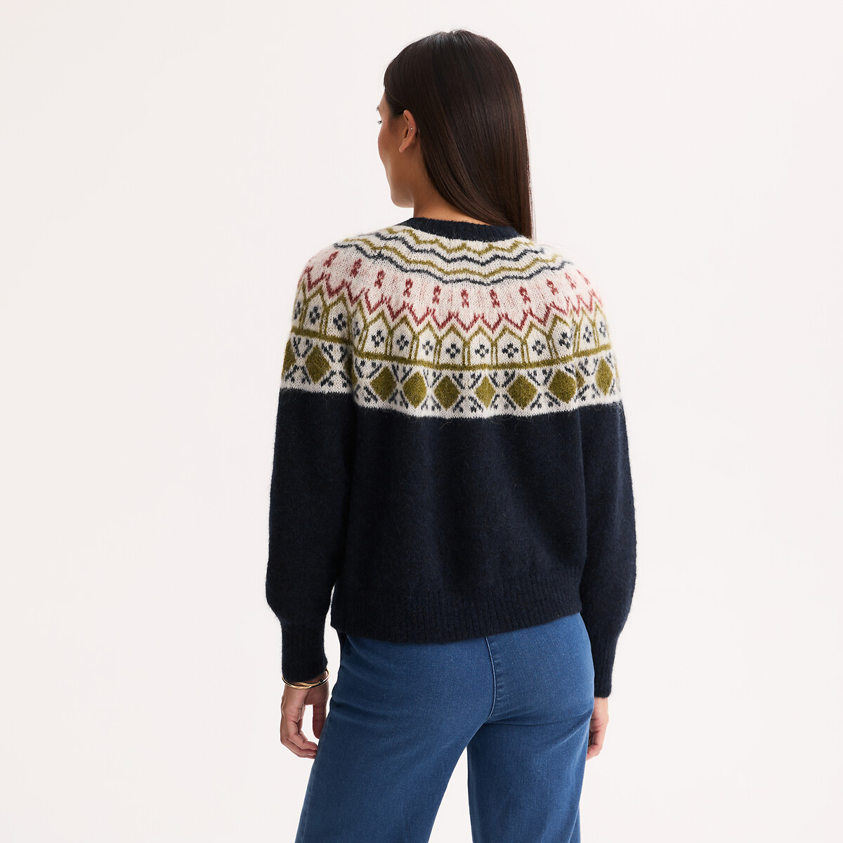 Cardigan jacquard, en alpaga mélangé jacquard bleu marine, ANNE WEYBURN