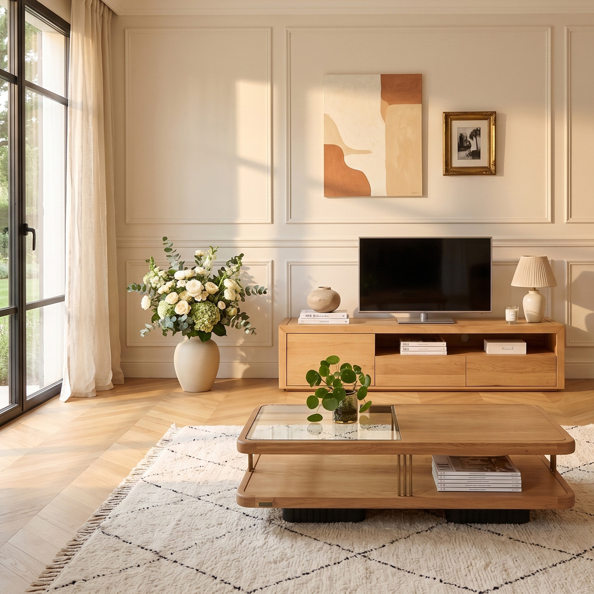 Meuble TV contemporain en chêne, 2 tiroirs, 1 porte CAMILLE beige, ROBIN DES BOIS
