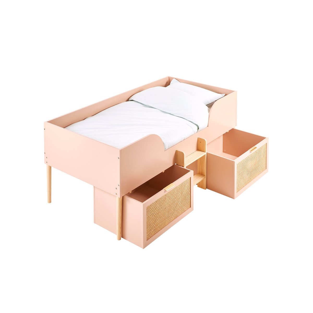 Lit enfant surélevé avec rangements cannage LIGNE POÉSIE rose nude, VERTBAUDET