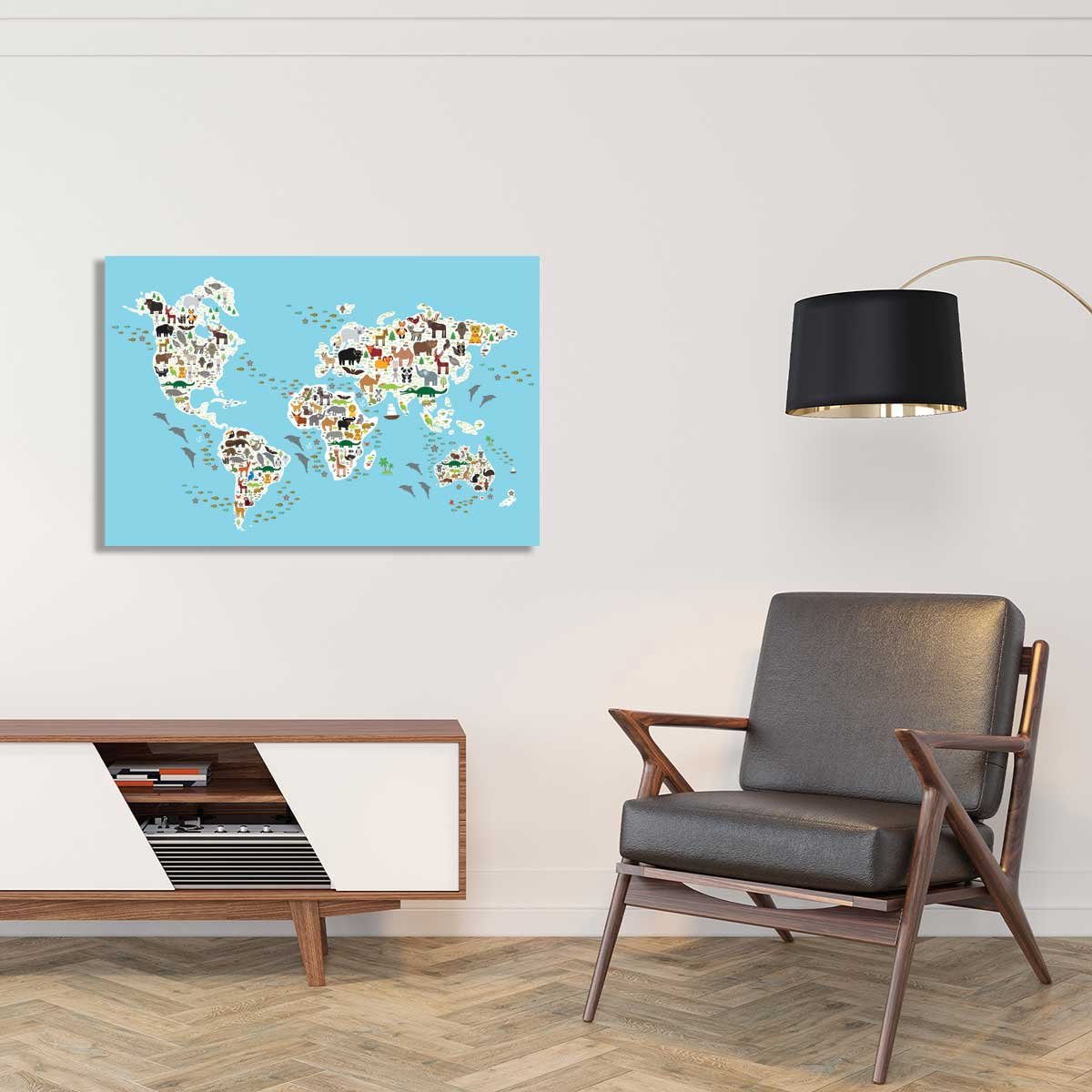 Tableau carte du monde animaux toile imprimée, HEXOA