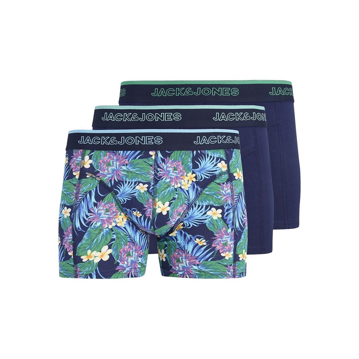 Lot de 3 boxers, 2 unis 1 imprimé floral bleu + bleu + multicolore, JACK & JONES
