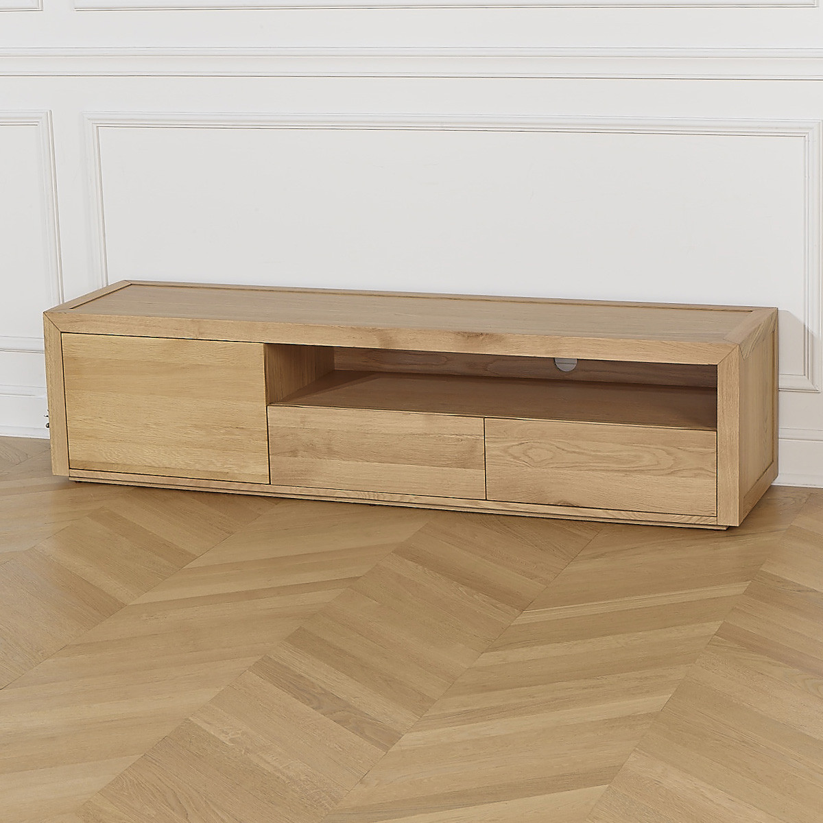 Meuble TV contemporain en chêne, 2 tiroirs, 1 porte CAMILLE beige, ROBIN DES BOIS