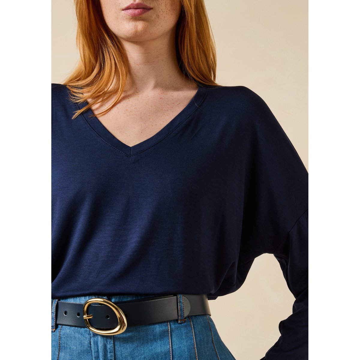 T-shirt ample manches longues col V marine, LA FEE MARABOUTEE