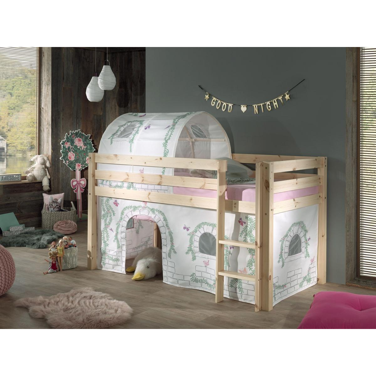 PINO Lit Compact Pin Massif Naturel + tunnel et rideau de lit Birdy couleur unique, VIPACK