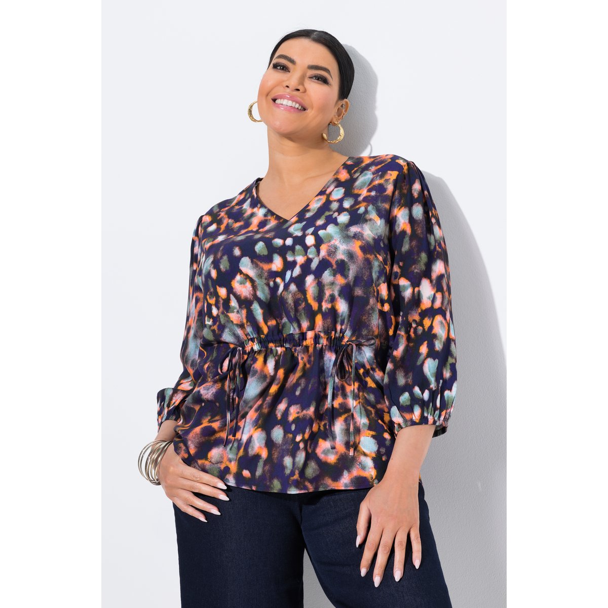 Blouse avec imprimé, cordon à froncer marine, ULLA POPKEN
