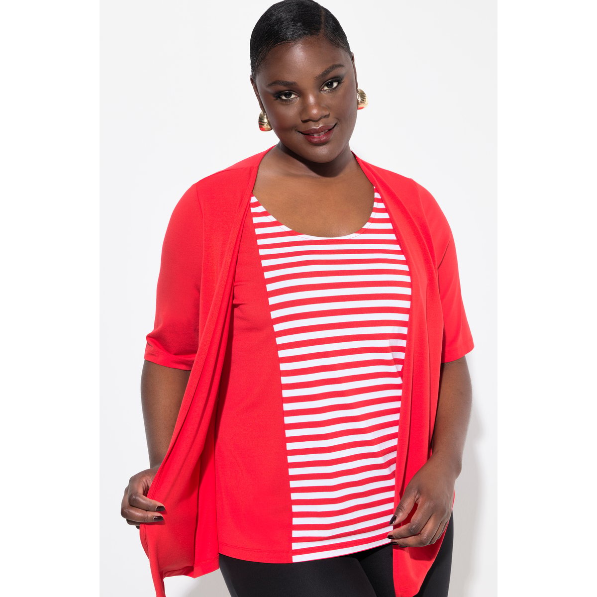 T-shirt 2 en 1 rayé. Manches courtes poivrons rouges, ULLA POPKEN