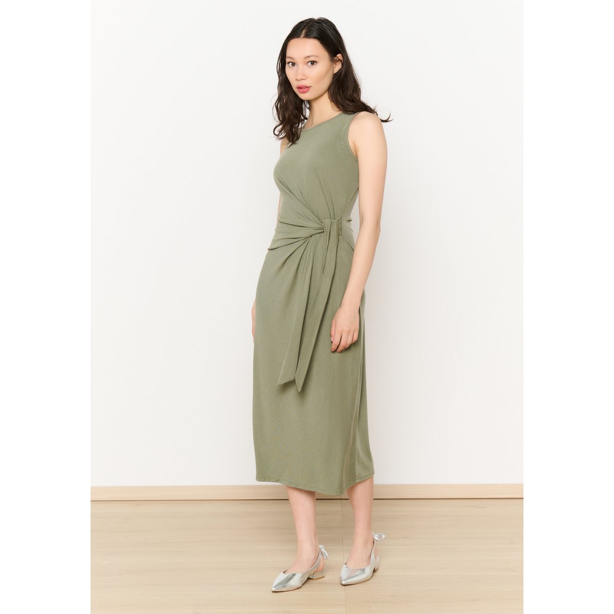 Robe midi nouée sans manches khaki, LOLALIZA