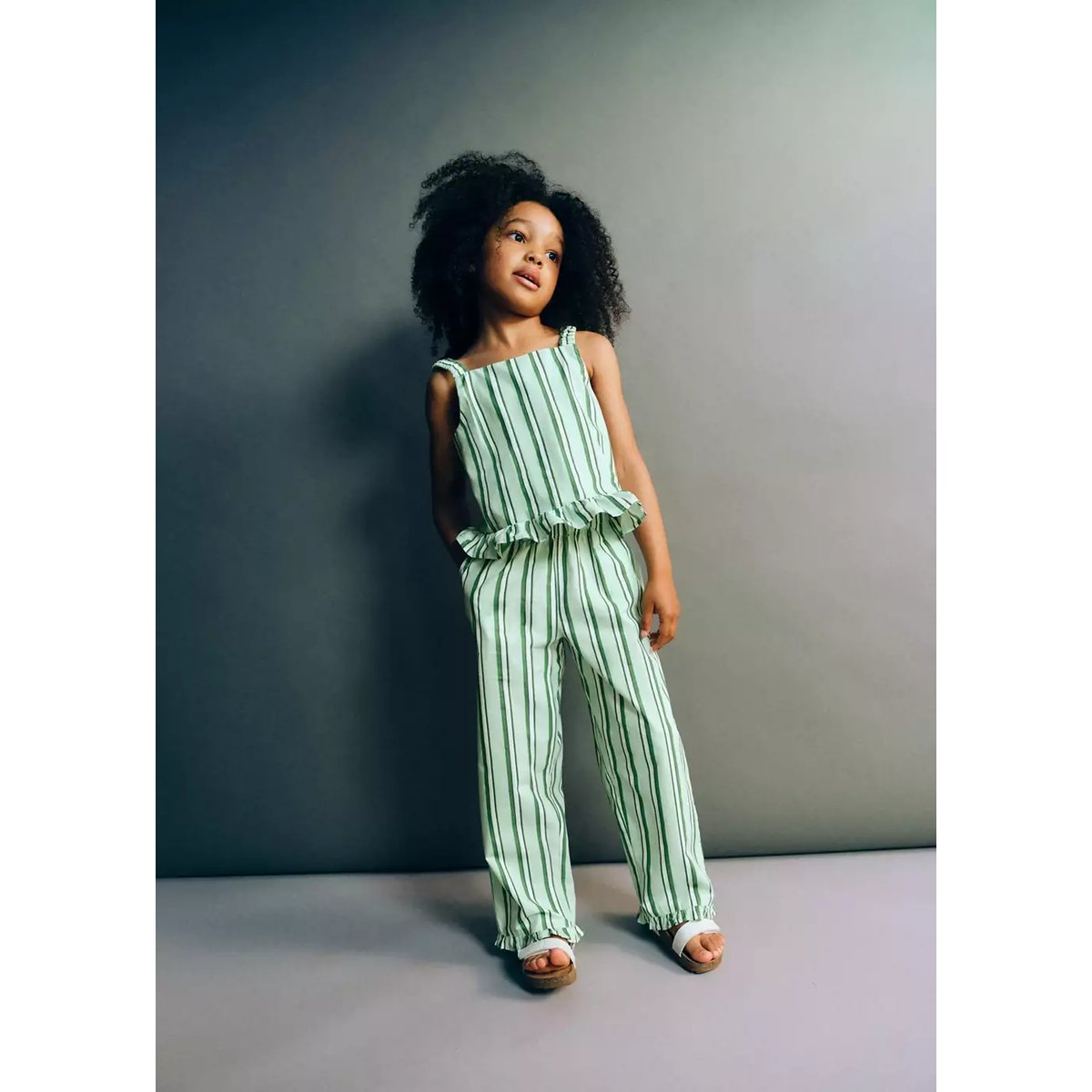 Pantalon rayé à volants vert, MANGO BABY