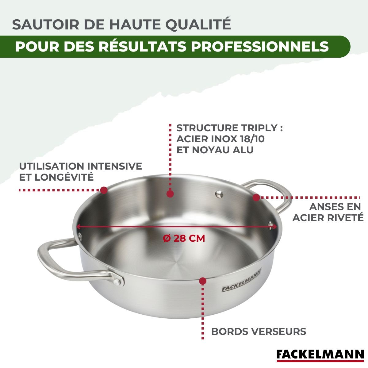 Sautoir 28 cm en inox 18/10 Triply VITA3 inox, FACKELMANN