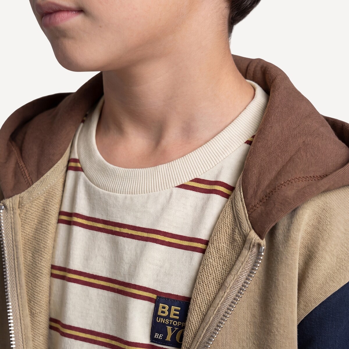 Sweat zippé à capuche, color block, en molleton bleu marine/marron, LA REDOUTE COLLECTIONS