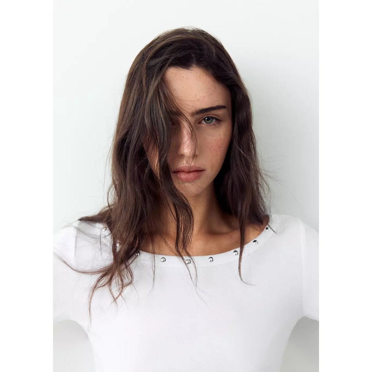 T-shirt col bateau à clous blanc cassé, MANGO TEEN