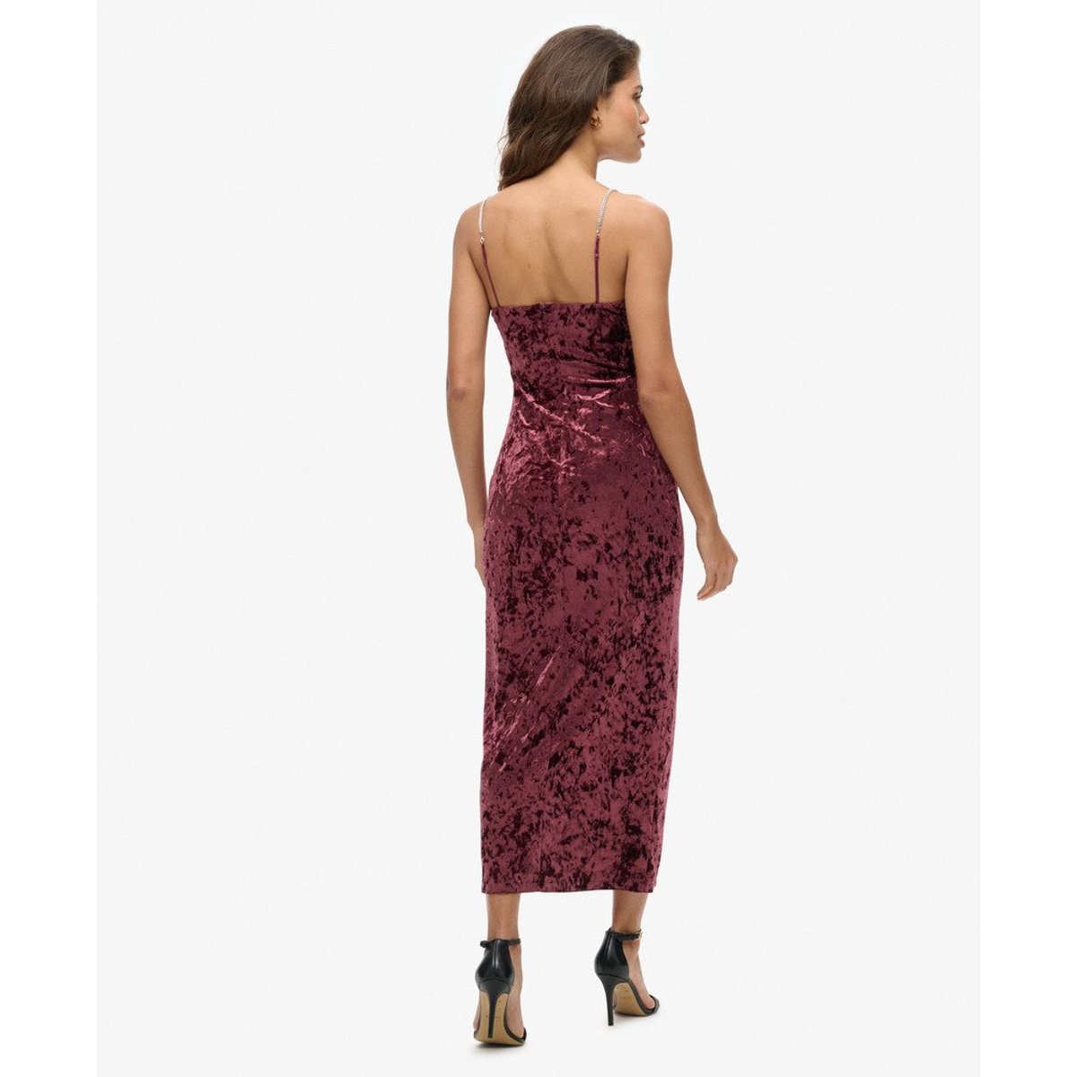 Robe longue en velours à strass bordeaux crush, SUPERDRY