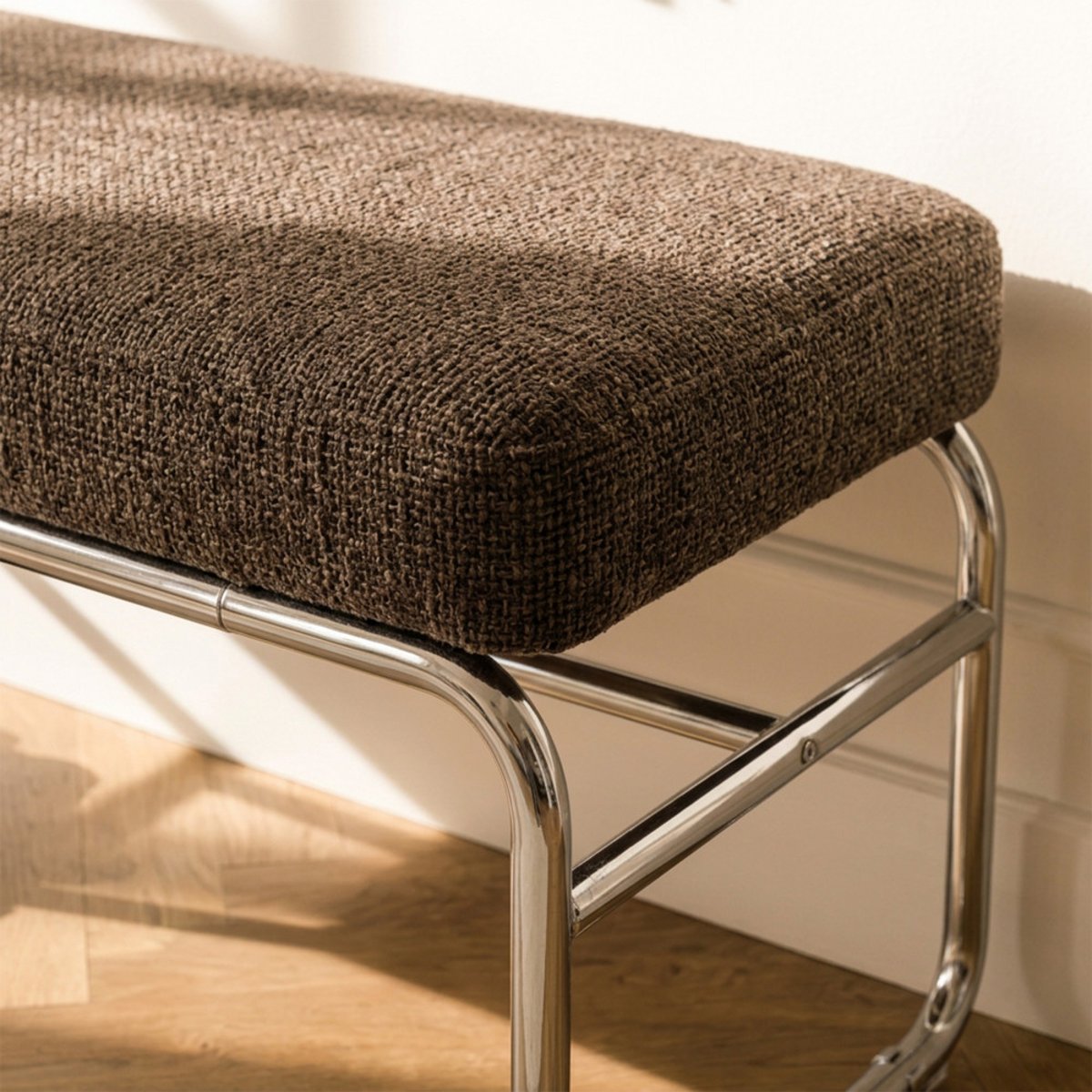 Banc en tissu pieds chrome L120cm- HENRI marron, DRAWER