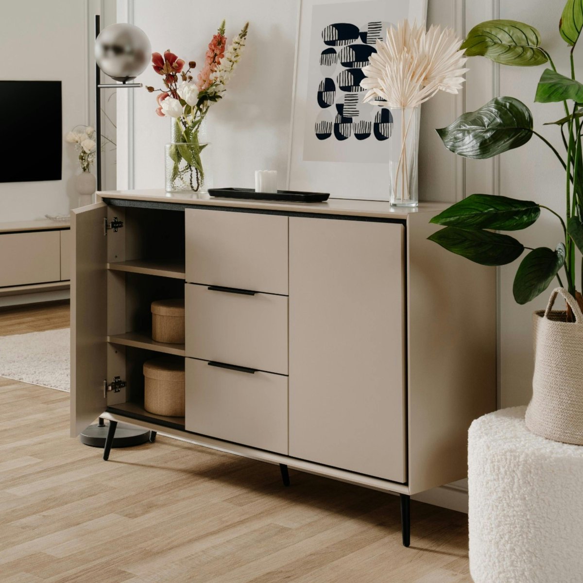 Buffet moderne taupe 2 portes 3 tiroirs AVIO beige, PIER IMPORT