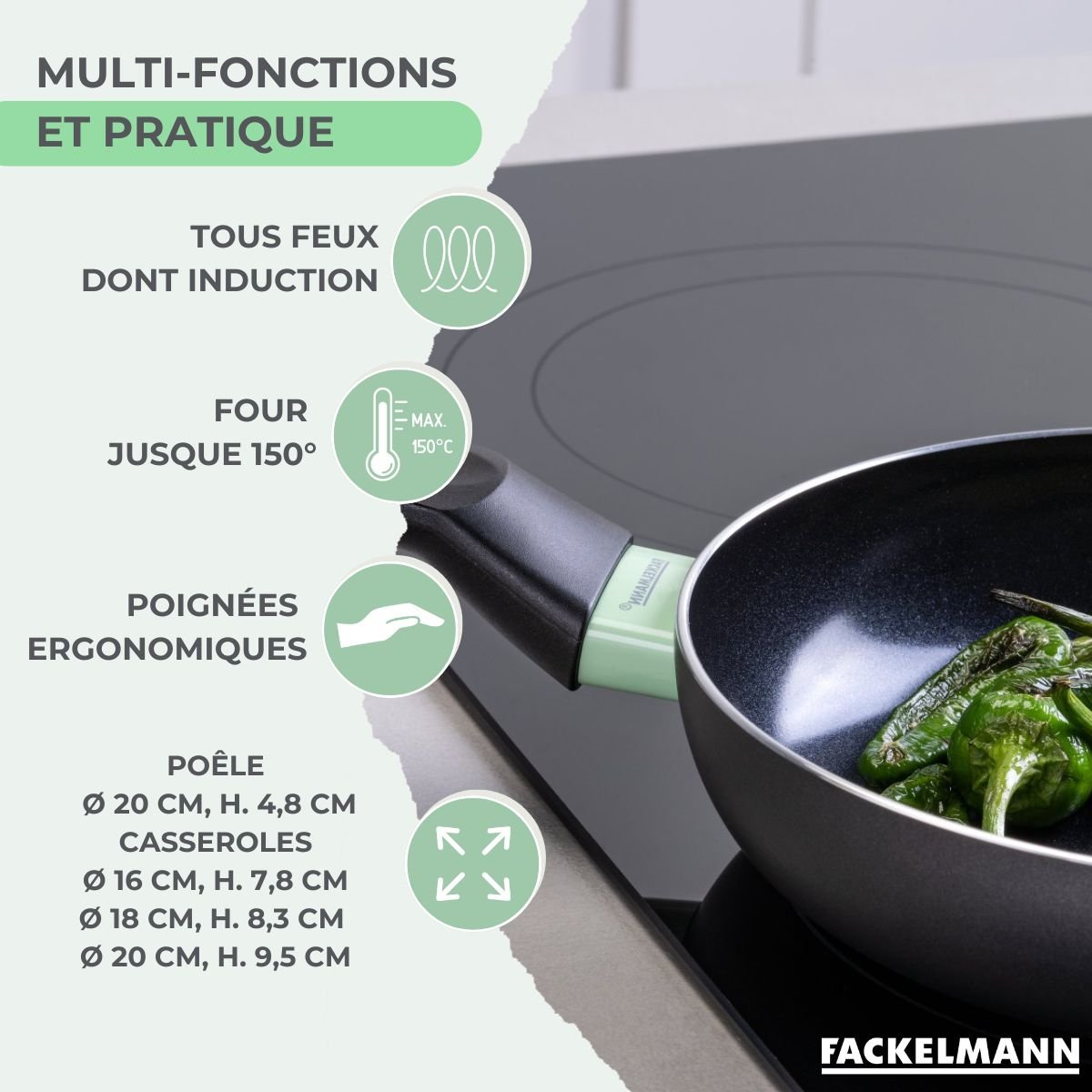 Batterie 1 poêle 16cm + 3 casseroles 16/18/20cm BRANDAO OCÉAN noir|vert, FACKELMANN