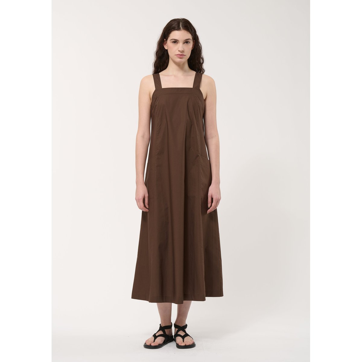 Robe longue trapèze en popeline de coton chocolat, HUMILITY