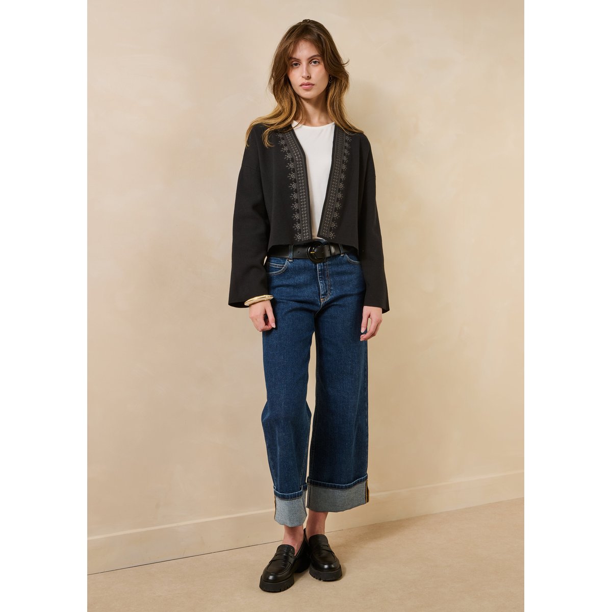 Gilet court et ample manches longues en milano noir/kaki, LA FEE MARABOUTEE