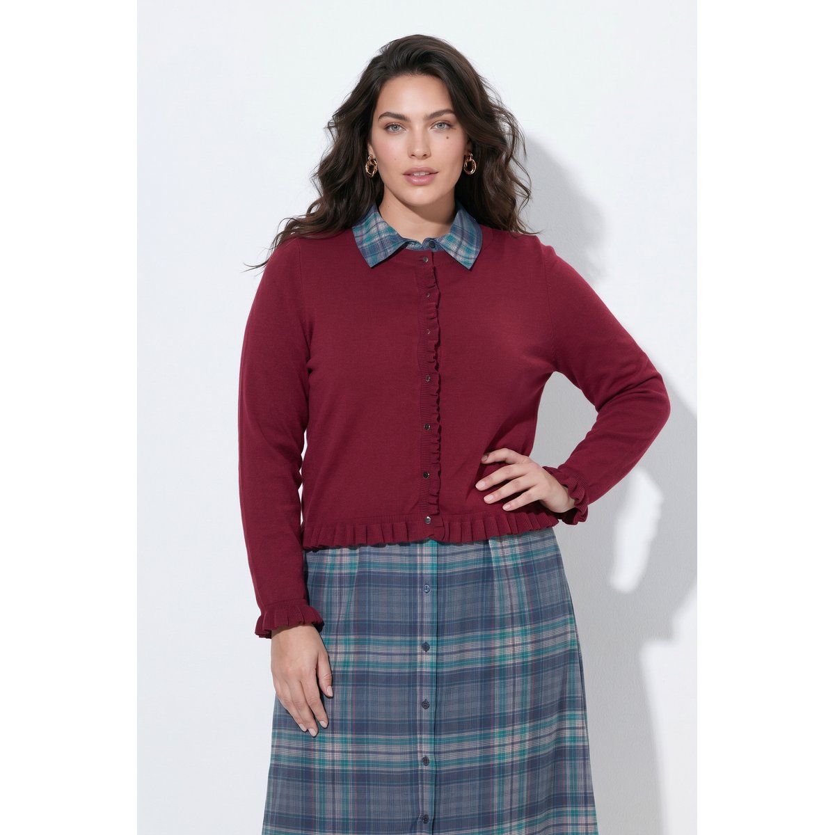 Cardigan à col rond et manches longues rouge vin foncé, ULLA POPKEN