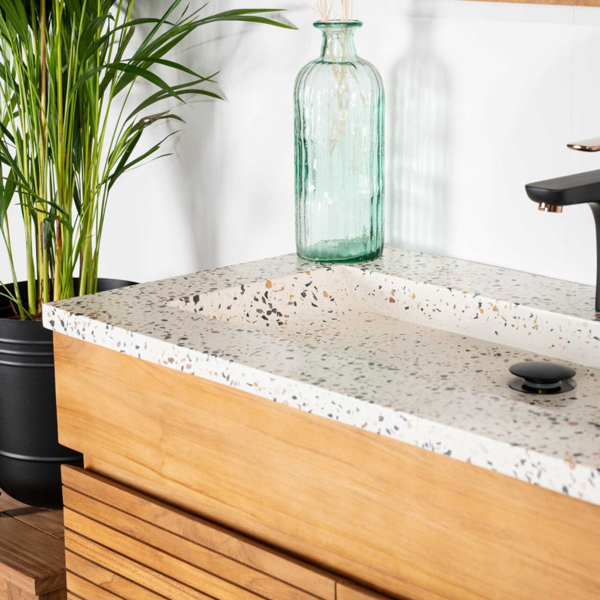 Meuble salle de bain en teck et terrazzo crème Aktual 90cm crème, WANDA COLLECTION