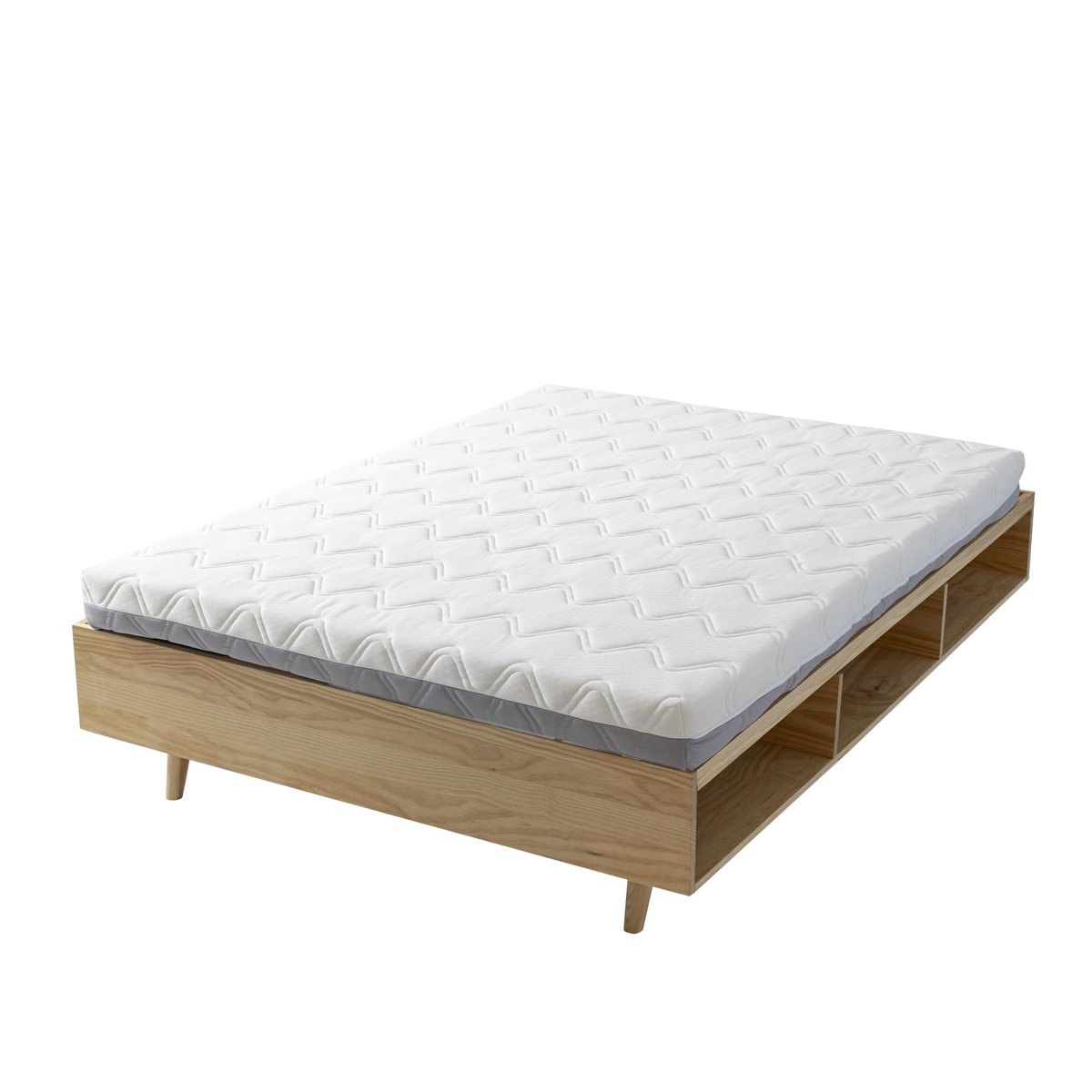 Lit en bois massif avec niches de rangement bois naturel, TERRE DE NUIT